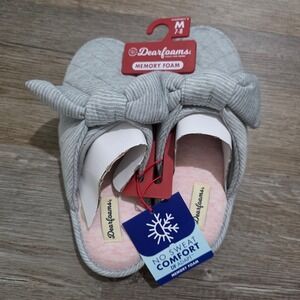 Dearfoams Womens Quilted Bow Slippers Size Medium 7-8 Gray Memory Foam Scuff